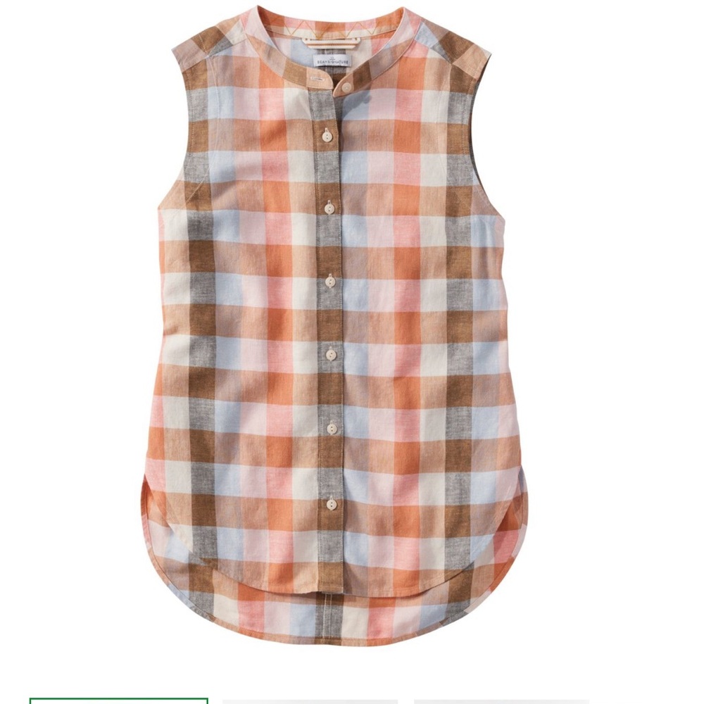 L.L. Bean Signature Plaid Linen Sleeveless Button-down Top. Size Medium